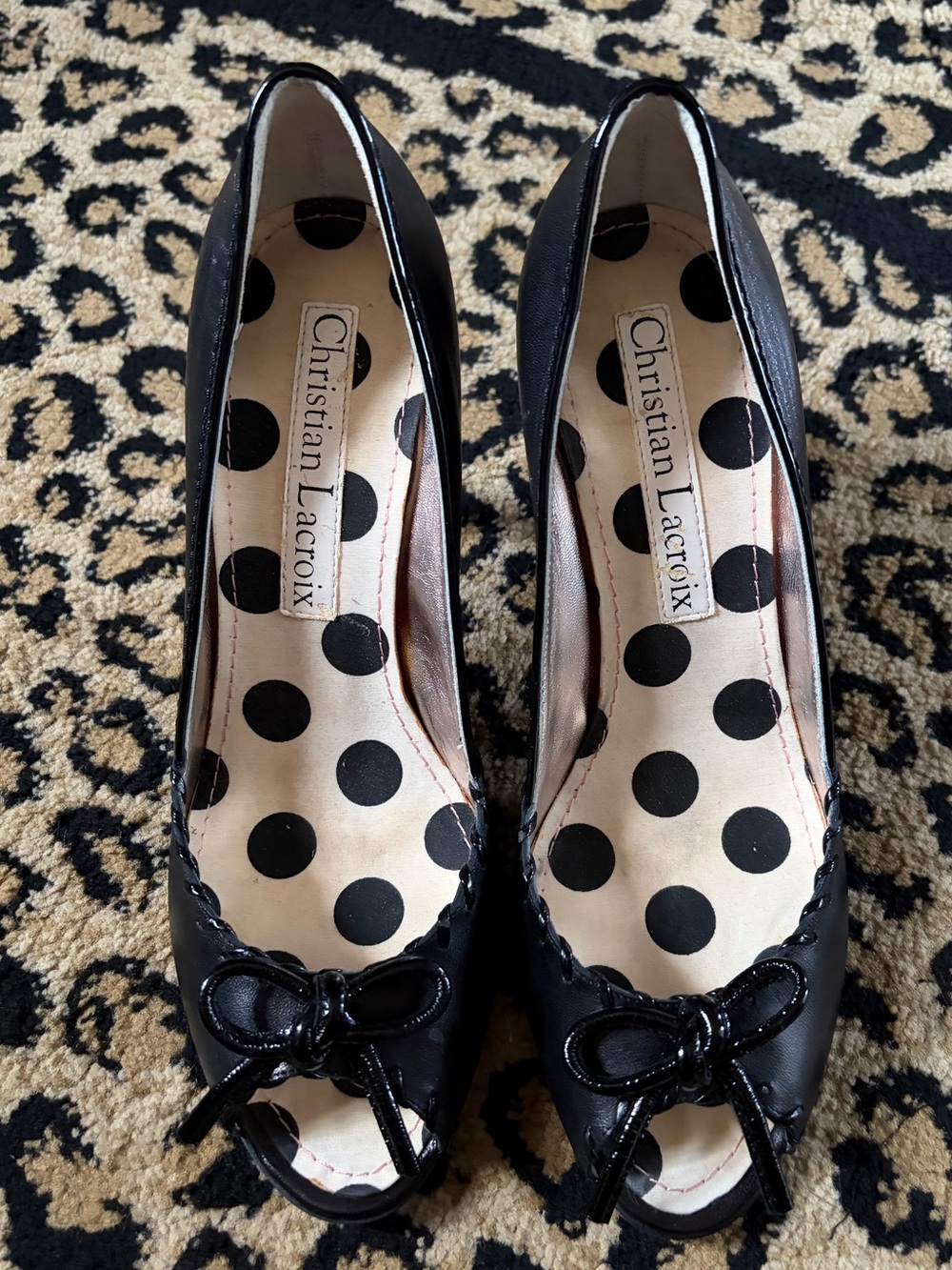 Vintage Christian Lacroix black leather bow peep toe heels - 38 7.5